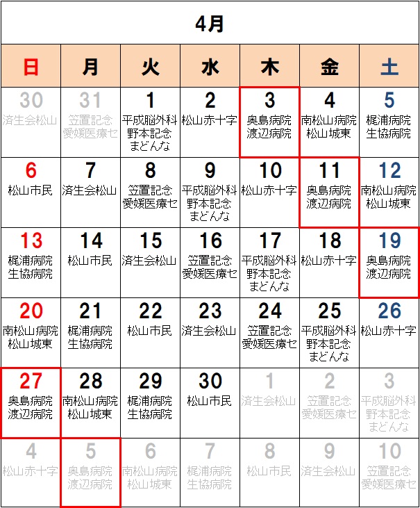 救急病院　当番表